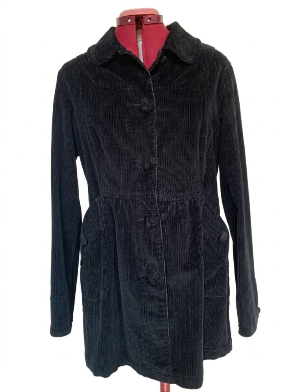LIVE A LITTLE -  Vintage-Inspired Black Corduroy Babydoll Trench Coat – Large